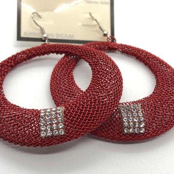 Red Mesh Hoop Earings with Rhinestones - Picture 2 of 2